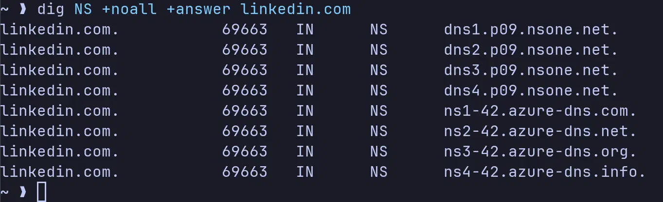 نتيجة الأمر dig للاستعلام عن الـ NS Records لموقع LinkedIn يظهر استخدامهم لأكثر من مزود خدمة DNS
