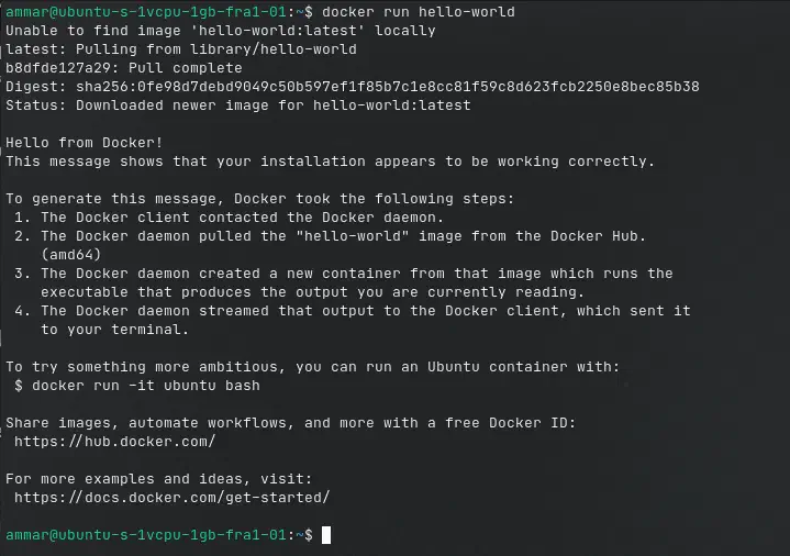صورة توضح ناتج تشغيل docker run hello-world