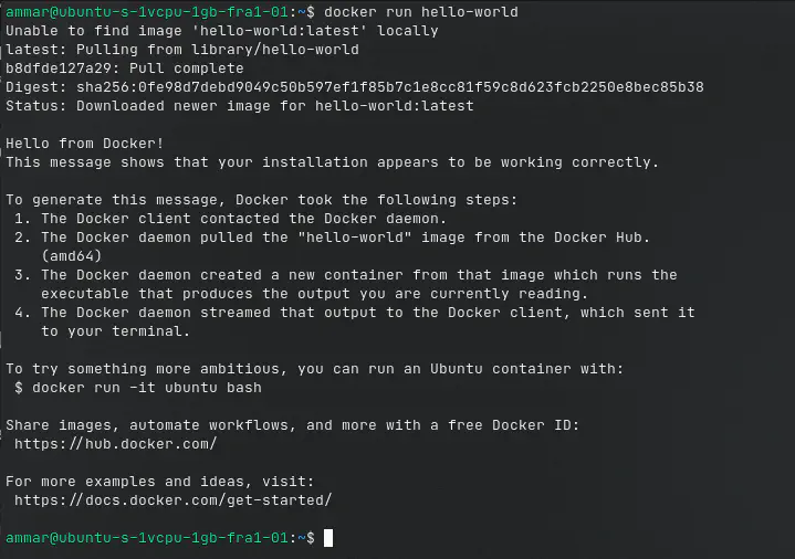 صورة توضح ناتج تشغيل docker run hello-world