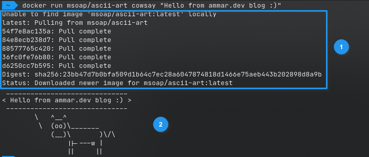 صورة توضيحية لتنفيذ الأمر cowsay باستخدام docker