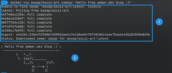 صورة توضيحية لتنفيذ الأمر cowsay باستخدام docker