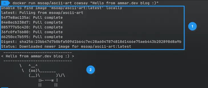صورة توضيحية لتنفيذ الأمر cowsay باستخدام docker