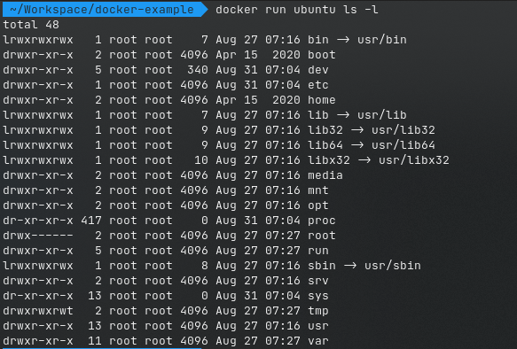 نتيجة تنفيذ أمر عرض الملفات ls داخل حاوية Docker