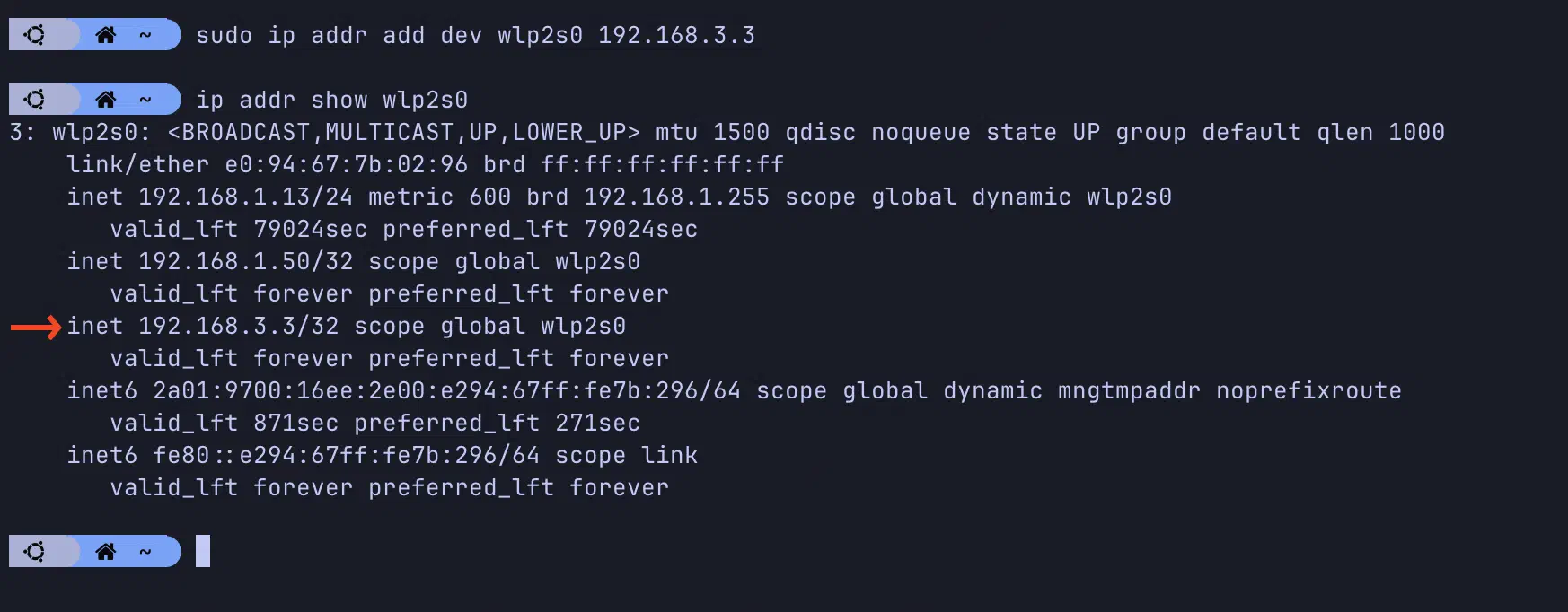تنفيذ أمر اضافة الـ IP Address بشكل يدوي، مع إضافة IP Address خارج الـ Subnet