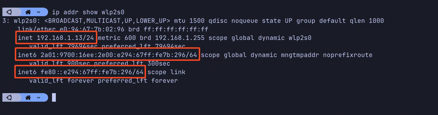 صورة تظهر الـ IP Addresses المرتبطة بالـ Network Interface الخاصة بالـ WiFi NIC