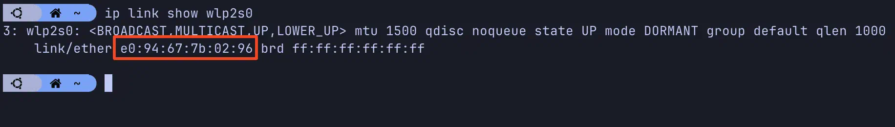 صورة توضح نتيجة الأمر ip link show وتظهر الـ MAC Address الخاص بالـ Network Interface