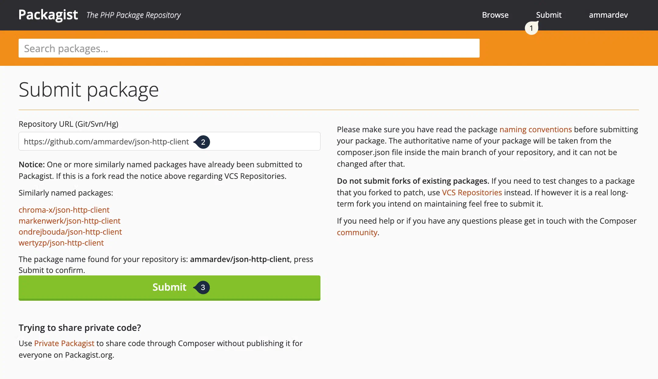 صورة للـ Package Submit في Packagist